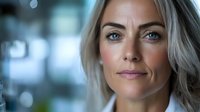 Confident mature Caucasian woman with blonde hair and blue eyes looking at camera with slight smile against blurred background. Professional portrait with soft lighting.