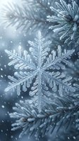 Crystal clear snowflake with intricate geometric patterns on frosted pine branches during winter snowfall for holiday decorations and seasonal designs.