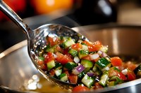 Fresh vegetable salad with cucumber, tomato, red onion and herbs on metal spoon over bowl, close up view of healthy Mediterranean appetizer.