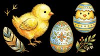 Easter clipart set with yellow chick, decorated eggs, feather, and floral sprigs, isolated on transparent background. Great for stickers, t-shirt design, and print on demand.