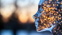 Mystical female profile silhouette with glowing golden bokeh lights and sparkles overlaid on translucent face against sunset sky background creating dreamy atmosphere.