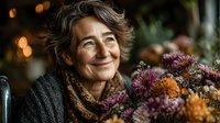 Smiling mature woman with gray hair holding colorful autumn chrysanthemum bouquet in cozy indoor setting with warm bokeh lights background.