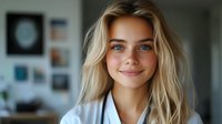 Young blonde woman with blue eyes smiling at camera in home office setting, radiating warmth and approachability for lifestyle and wellness content.