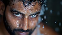 Close up portrait of young Middle Eastern man with intense gaze and water drops on face against dark background, dramatic lighting emphasizes wet skin and facial features.
