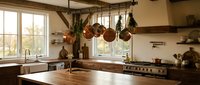 Rustic farmhouse kitchen interior with wooden countertops, exposed beams, hanging copper pots, modern appliances and natural lighting for home design.