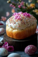 Fresh Easter bread with white glaze, colorful sprinkles and pink flowers on wooden stand, decorated eggs nearby, moody dark background, festive spring setting.