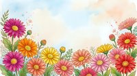 Colorful watercolor gerbera daisies border with copy space, featuring pink, orange, yellow and red blooms on soft pastel background.