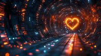 Glowing heart shape in futuristic tunnel with orange and blue lights creating dynamic perspective. Digital art concept showing love in technological world.