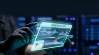 Analyst examining holographic display showing noise reduction data with glowing interface and financial charts in dark tech environment.