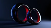 Modern abstract geometric rings with glossy metallic surfaces in blue and red colors on dark background for contemporary design projects.