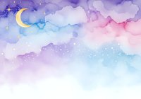 Dreamy watercolor night sky with crescent moon and stars in purple pink blue gradient clouds. Fantasy celestial background for nursery decor and design projects.