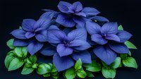 Vibrant blue paper flowers with green leaves arranged in elegant composition against dark background, suitable for decorative art and craft projects.