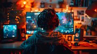 Young male gamer in hoodie playing video games at night setup with multiple monitors, neon lighting and bokeh effects creating cyberpunk atmosphere perfect for gaming and esports concepts.