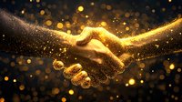 Golden handshake with magical sparkles and glowing particles on dark background symbolizing business agreement, partnership and success in deal making.
