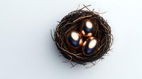 Dark bird nest with metallic copper and navy blue eggs on light background, symbolizing wealth, prosperity and financial growth in business concept.