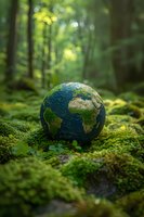 Globe model on green moss in forest showing continents and oceans, environmental conservation concept with soft bokeh background and natural sunlight.