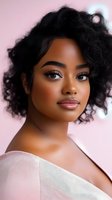 Young African American woman with natural curly hair and glowing skin wearing soft pink outfit against pink background, showcasing natural beauty makeup look.