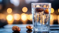 Glass of water with fresh dates and blurred bokeh lights in background creating atmospheric mood for Ramadan celebration or healthy lifestyle concept.