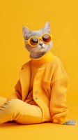 Stylish white cat wearing yellow sunglasses and trendy yellow outfit sitting against vibrant yellow background, fashion-forward feline portrait for social media content.