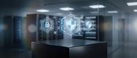 Futuristic holographic security shield icons floating above black pedestal in modern office environment with digital protection technology concept.