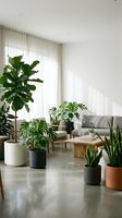 Modern minimalist living room filled with lush indoor plants, concrete floor, neutral sofa, and natural light through sheer curtains.