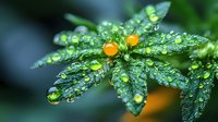 Fresh green leaf covered in morning dew drops with natural bokeh background, macro nature photography showing water droplets on plant foliage.
