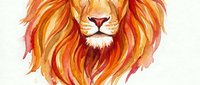 Majestic lion head with flowing mane rendered in warm watercolor tones of orange, gold, and red. Artistic wildlife portrait suitable for home decor, branding, and creative projects.