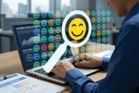Business professional analyzing customer feedback data with emoji sentiment analysis on laptop screen showing satisfaction metrics and survey results.