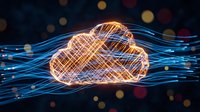 Glowing cloud computing network with flowing data streams and bokeh lights representing digital technology and connectivity solutions for modern business.