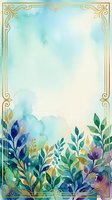 Watercolor botanical frame with ornate gold decorative corners, blue and green foliage, purple flowers, and soft sky background. Suitable for invitations, greeting cards, and design templates.