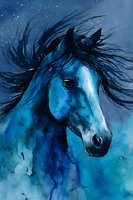 Blue horse watercolor painting with flowing mane against starry night background, artistic equine portrait in cool tones for wall art or home decor.