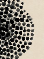 Black watercolor dots pattern on beige background creates organic abstract composition with varied sizes and soft edges, suitable for modern minimalist design.