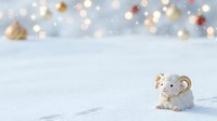 Cute elephant figurine sitting in snow with golden and red ornaments blurred in background, festive holiday decoration for seasonal greeting cards and winter celebrations.