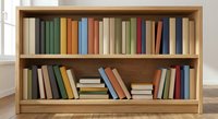 Wooden bookshelf with colorful books arranged on two shelves in bright interior setting for home library and reading concepts.