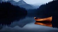 Wooden canoe floating on misty mountain lake at dusk, reflecting warm light against dark blue water and silhouetted pine forest landscape.