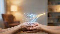 Hands holding glowing digital network connections with light beams in modern home interior representing technology innovation and connectivity concepts.