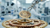 Close-up of precision machining robotic arm dispensing lubricant onto interlocking brass gears in modern industrial manufacturing facility with blurred equipment background.