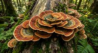 Colorful bracket fungi growing on fallen log in lush forest ecosystem. Natural decomposition process with vibrant orange and brown shelf mushrooms on decaying wood.
