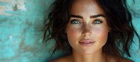 Young woman with bright blue eyes, freckles and natural makeup smiling against turquoise background. Close up portrait showing radiant skin and dark wavy hair.