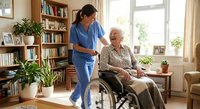 Female nurse in blue scrubs providing compassionate care to elderly Caucasian woman in wheelchair at bright home library setting with books and plants.