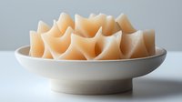 Geometric soap bars with curved wave patterns arranged in white ceramic bowl on minimal background. Natural organic skincare and spa concept.