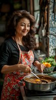 Mature Asian woman in floral apron cooking traditional dish in home kitchen, smiling while stirring food in large pan with fresh ingredients nearby.