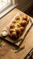 Braided challah loaf with sesame seeds on wooden cutting board near window with fresh herbs and butter for baking or food styling.