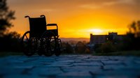 Wheelchair silhouette against golden sunset sky with urban landscape, symbolizing accessibility, hope, and independence during evening hours.