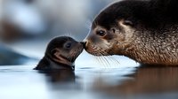 Mother seal and baby seal sharing tender moment in water, close-up view showing emotional bond and nurturing behavior in natural habitat. Perfect for wildlife and parenting concepts.