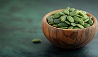 Fresh green pumpkin seeds in wooden bowl on dark background, healthy organic snack for nutrition and diet, raw superfood ingredient.