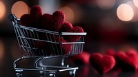 Fresh red raspberries in miniature shopping cart against dark background with bokeh lights, romantic food concept for Valentine's day or healthy shopping.