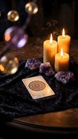 Mystical fortune telling setup with burning candles, amethyst crystals and tarot card on dark wooden table for spiritual guidance and divination practices.