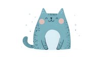 Cute teal cat with pink cheeks sitting peacefully on white background. Adorable feline character for children designs, nursery decor and greeting cards.