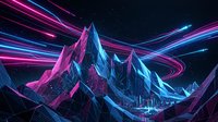 Futuristic neon-lit mountain landscape with glowing pink and cyan light trails flowing across dark starry sky, creating digital sci-fi atmosphere for tech and gaming projects.